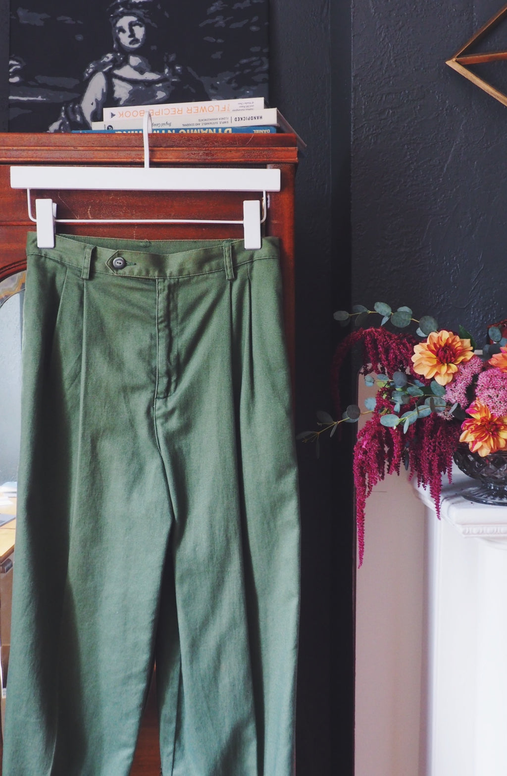 Vintage Petite Olive Green High Waisted Cuffed Pants