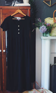 Vintage Black Cotton Empire Waist Midi Dress