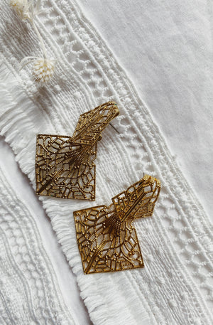 Vintage Intricate Double Diamond Drop Earrings