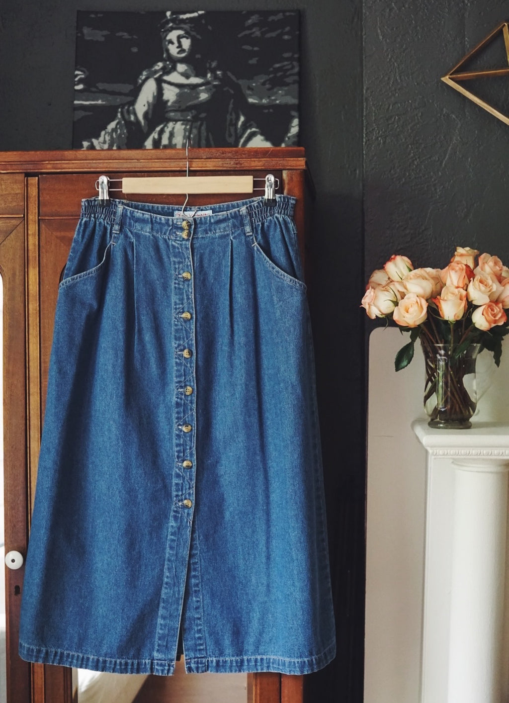 Vintage Denim Button Front Elastic Waist Midi Skirt