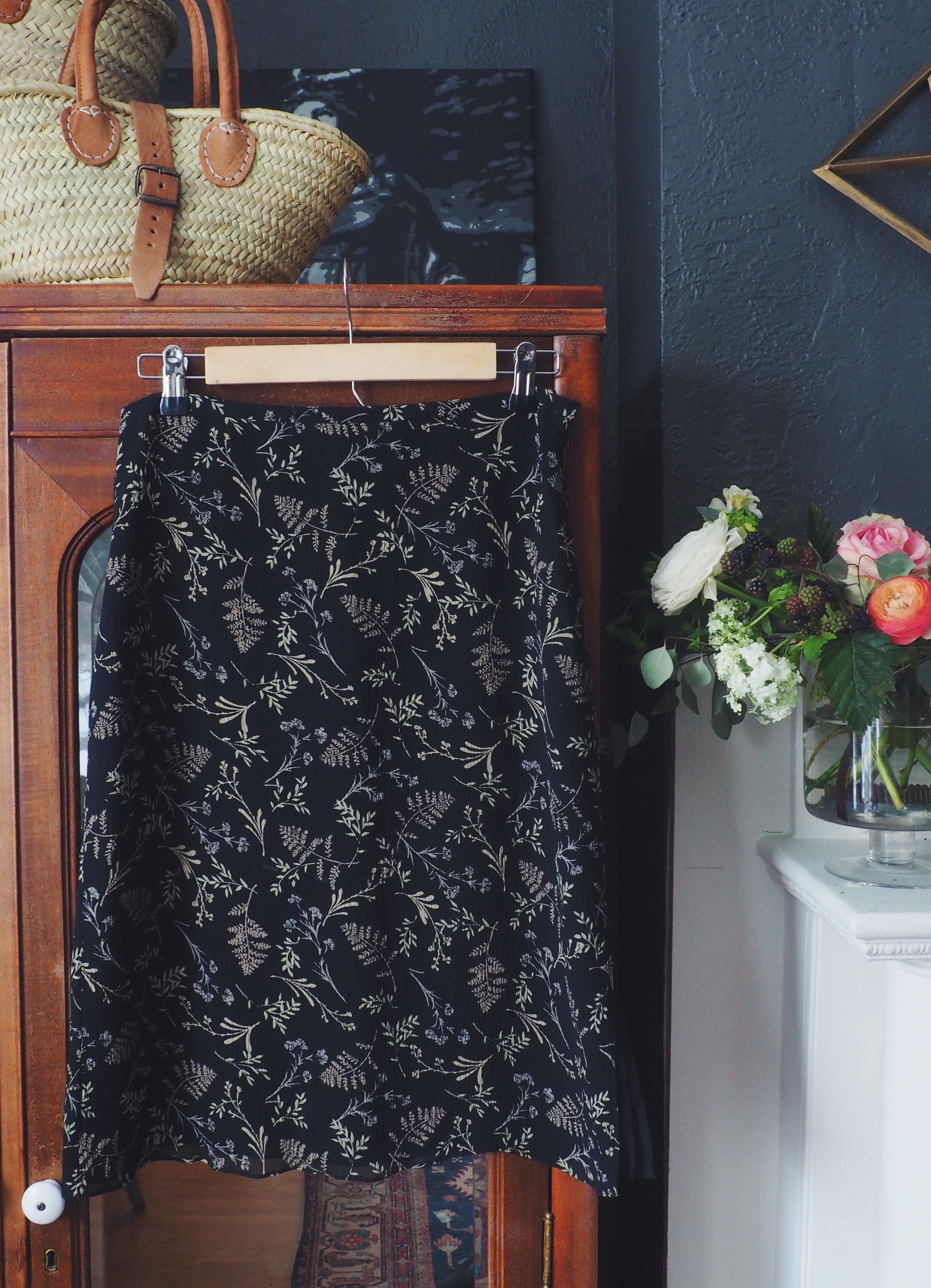 100% Silk Black Floral Skirt