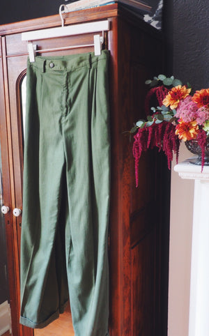 Vintage Petite Olive Green High Waisted Cuffed Pants