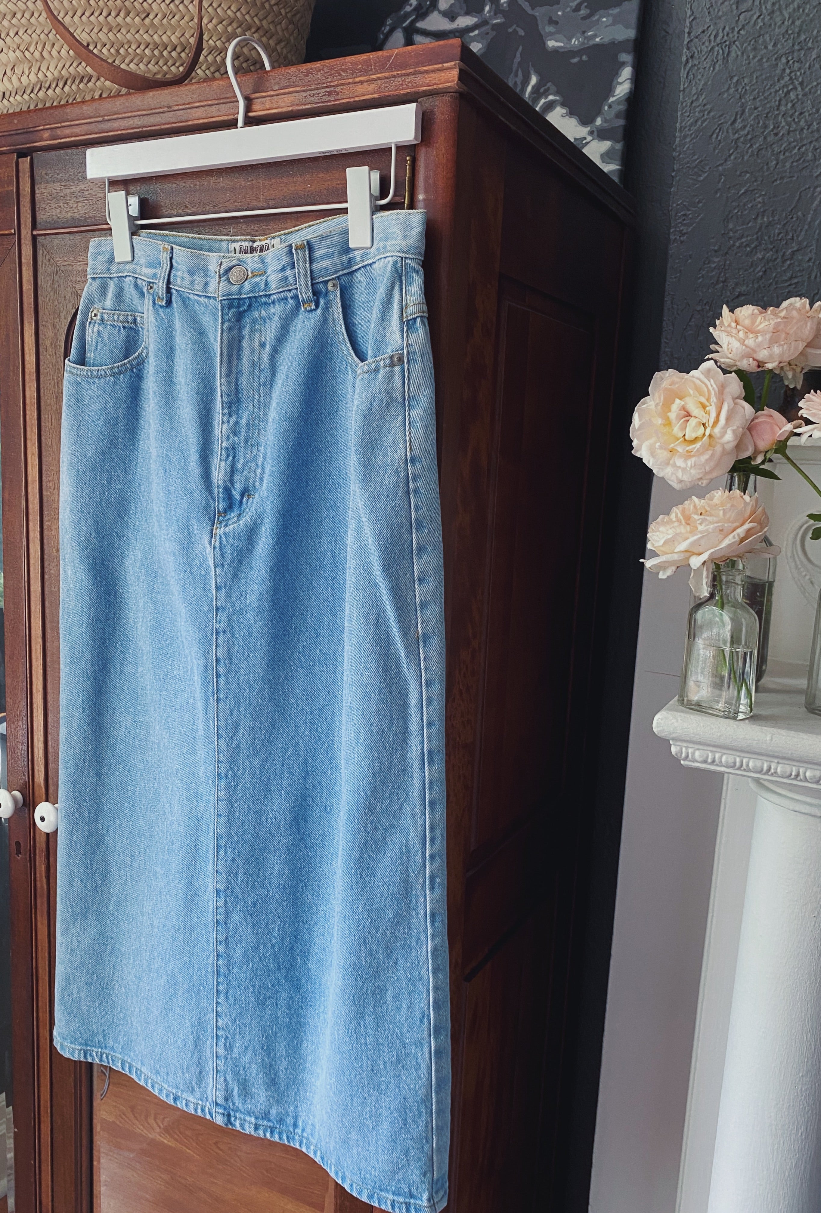 Vintage 100% Cotton Light Wash Denim Midi Skirt