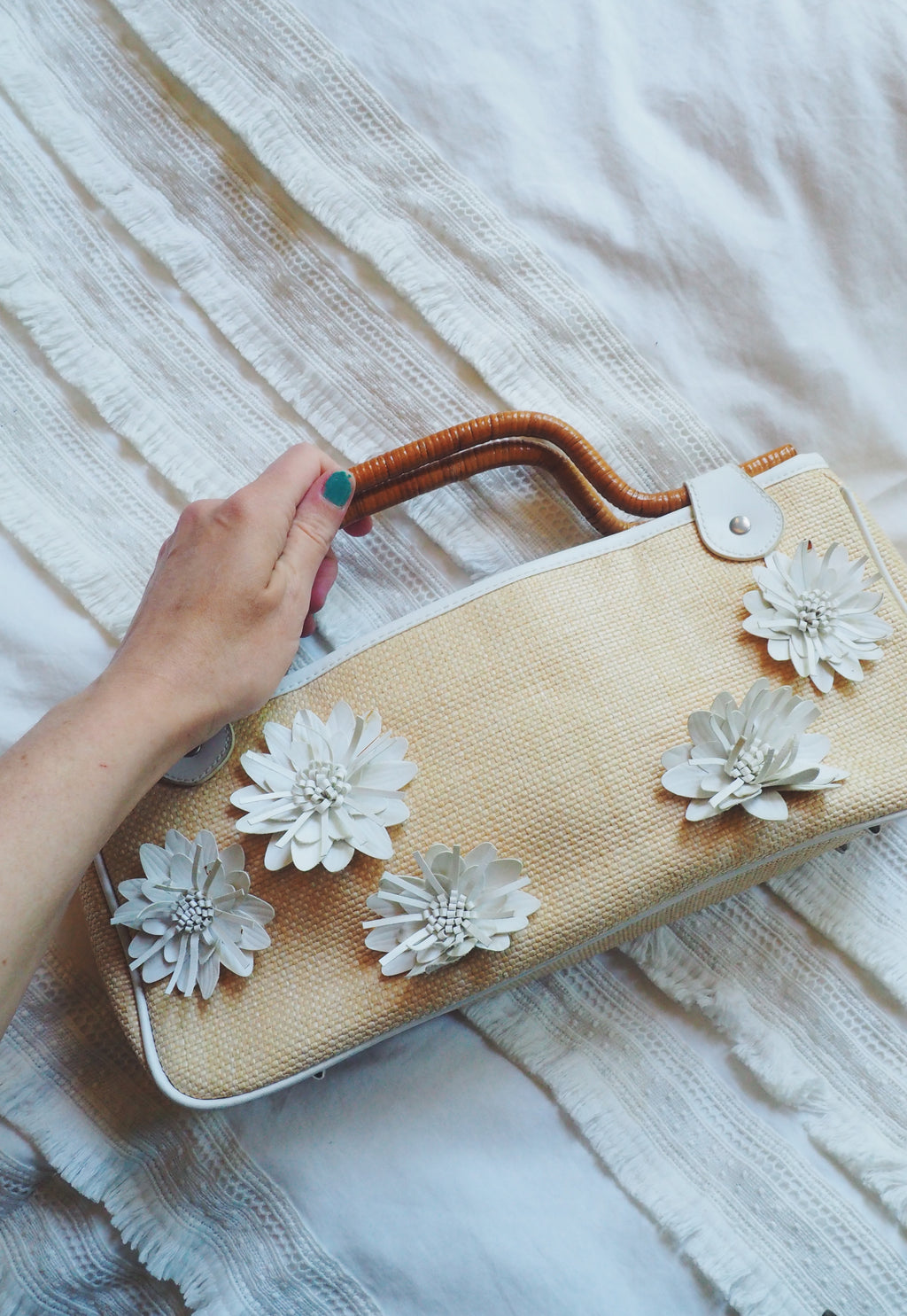 Vintage Floral Applique Woven Handbag