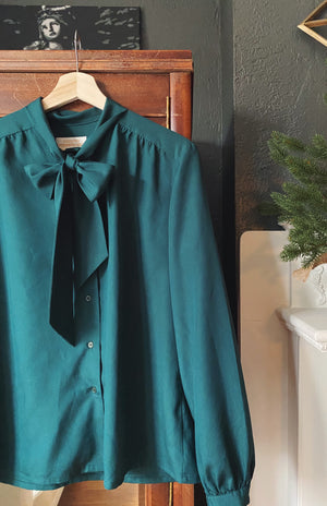 Vintage Pendleton Deep Green Secretary Bow Blouse