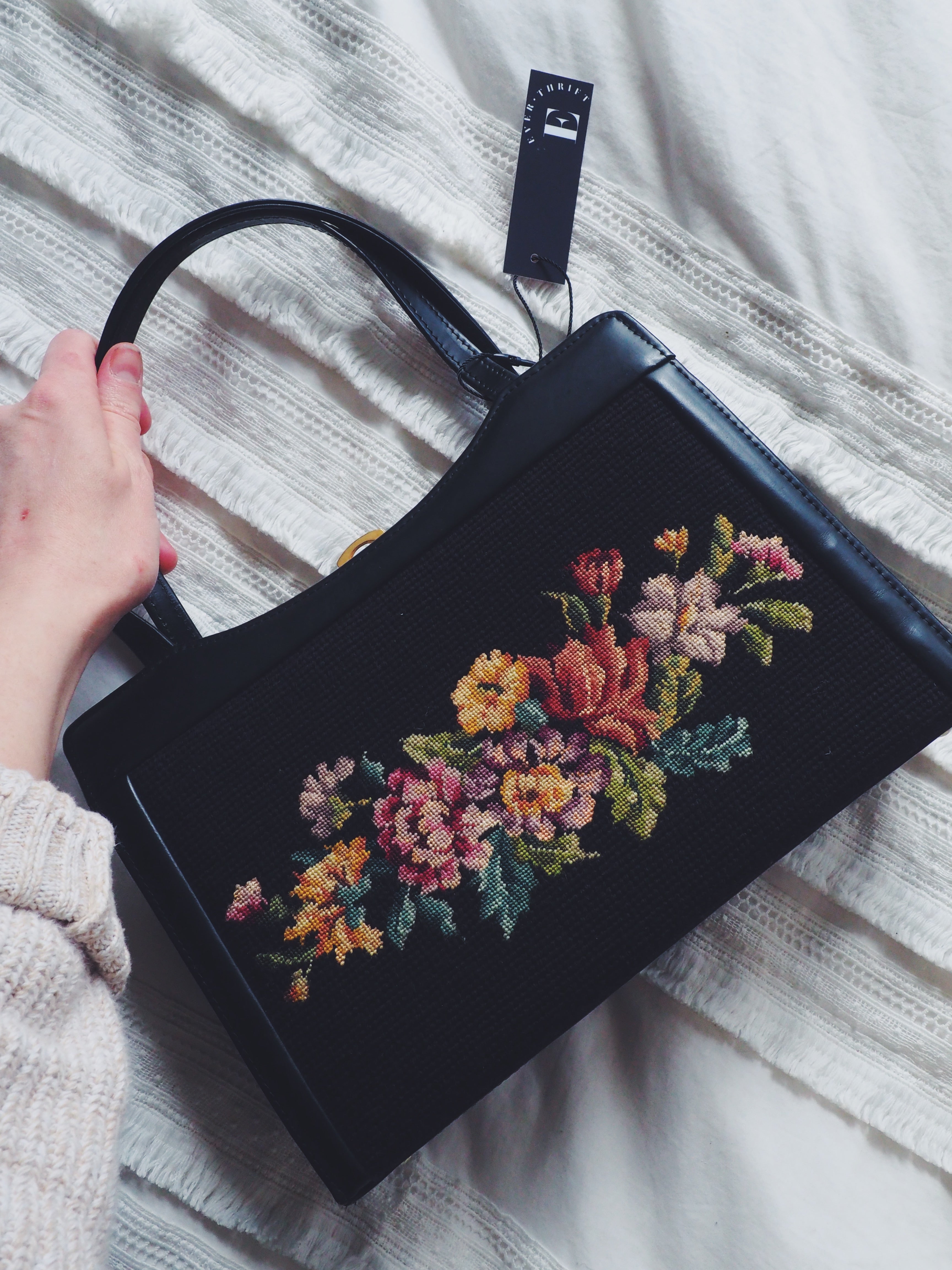 Vintage Black Floral Needlepoint Handbag