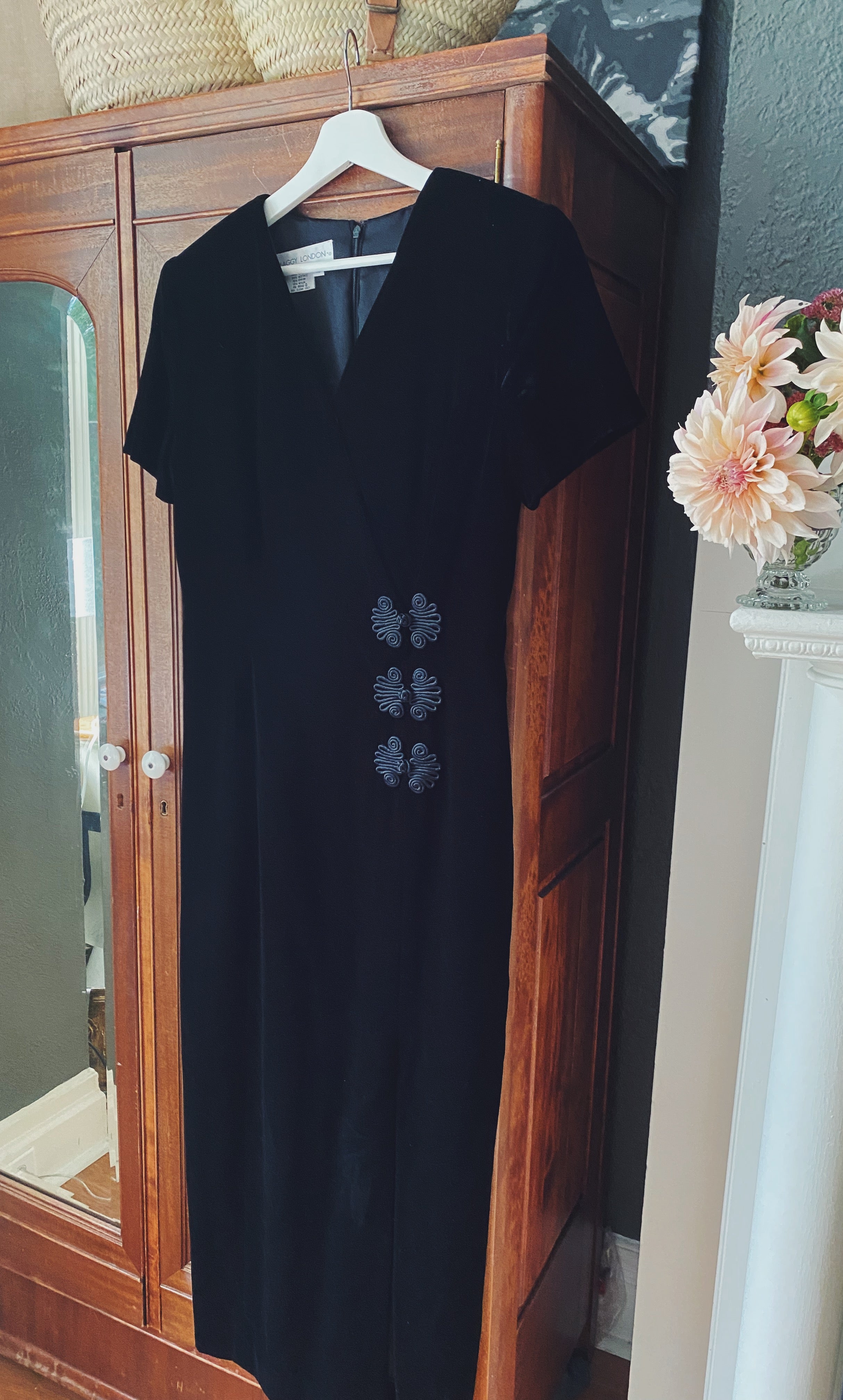 90s Black Velvet Midi Dress with Slit