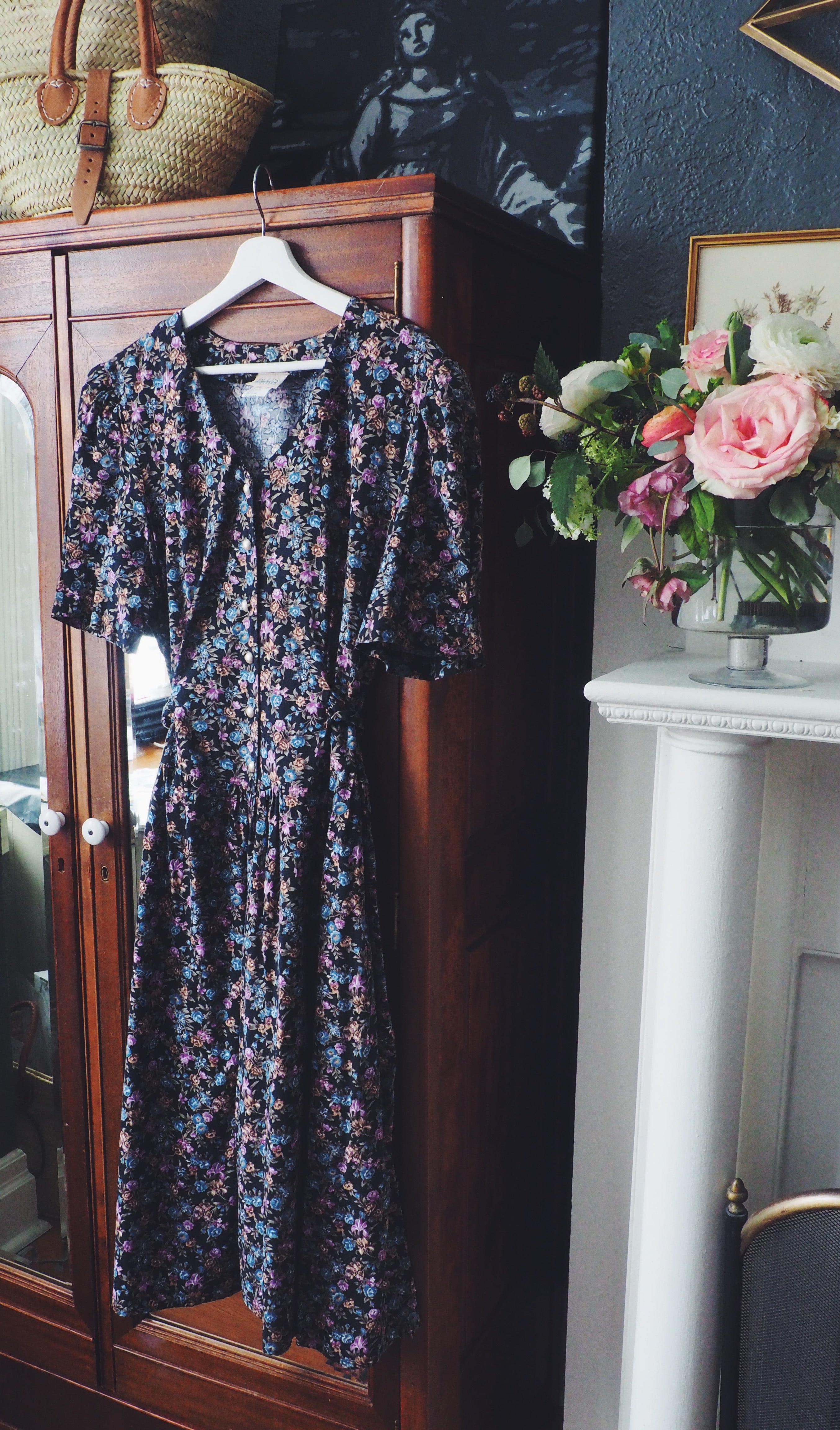 80s Vintage Floral Button-Down Midi Dress