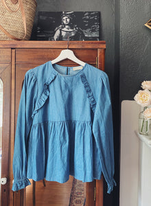 Altar'd State 100% Cotton Chambray Ruffle Blouse