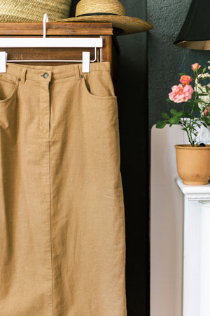 Linen Cotton Camel Column Midi Skirt