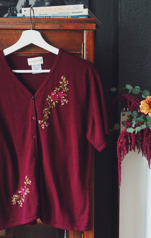 Vintage Floral-Stitched Button Down Cardigan
