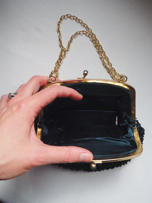 Vintage Black Beaded Evening Purse with Gold Chain
