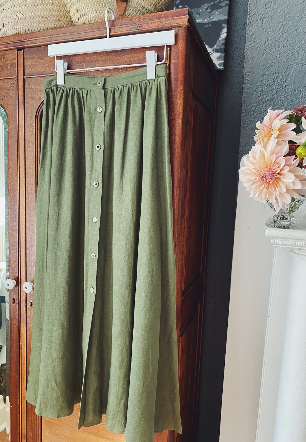 100% Linen 90s Green Button-Front A-line Midi Skirt