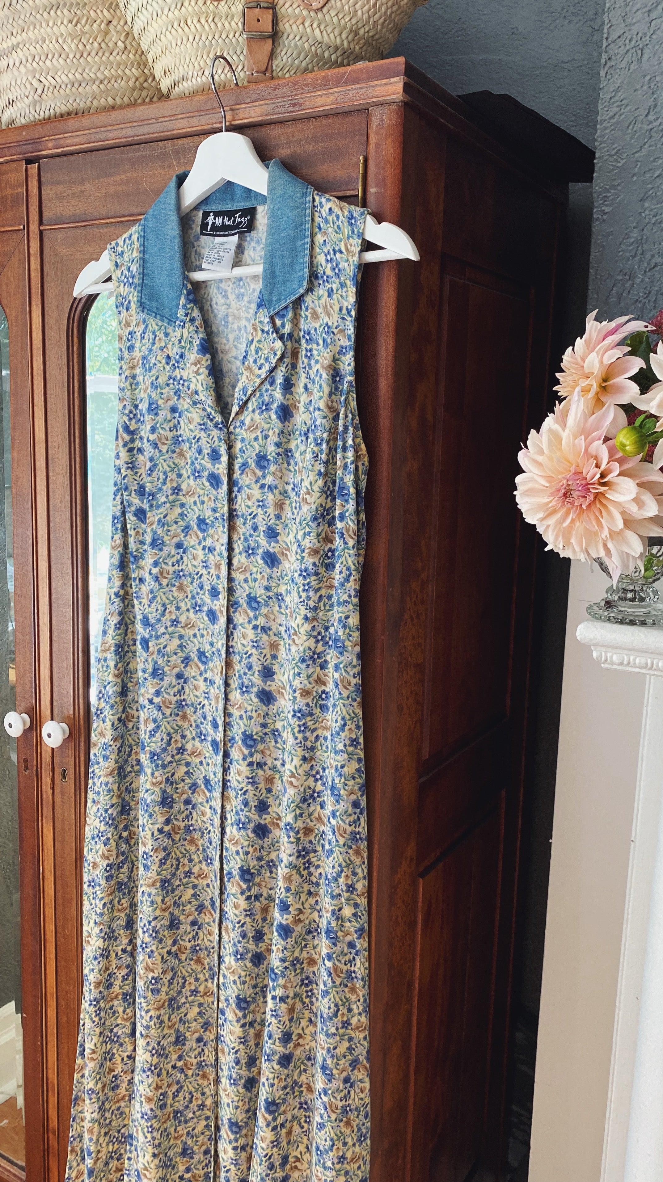 90s Denim Collar Floral Button-Front Dress