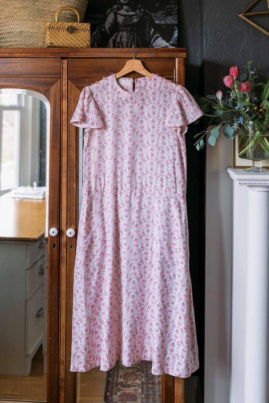 Vintage Pink Floral Midi Dress