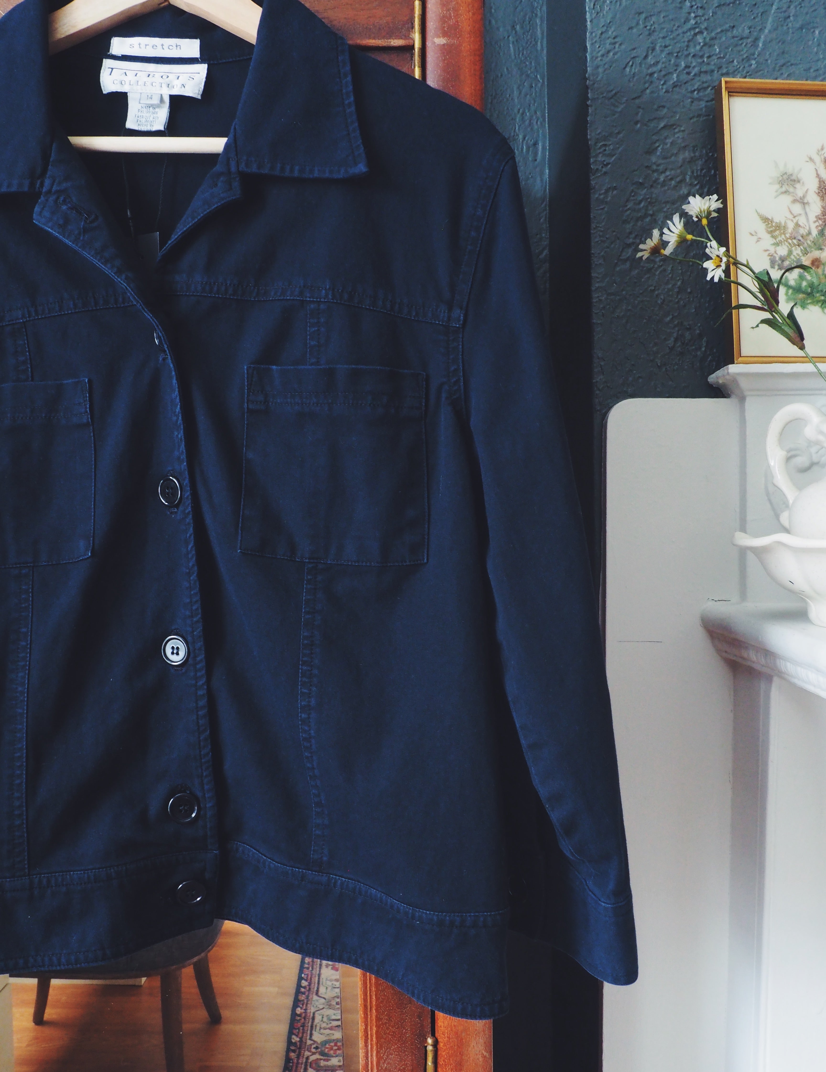 90s Navy Boxy Long-Sleeve Button Down Blouse