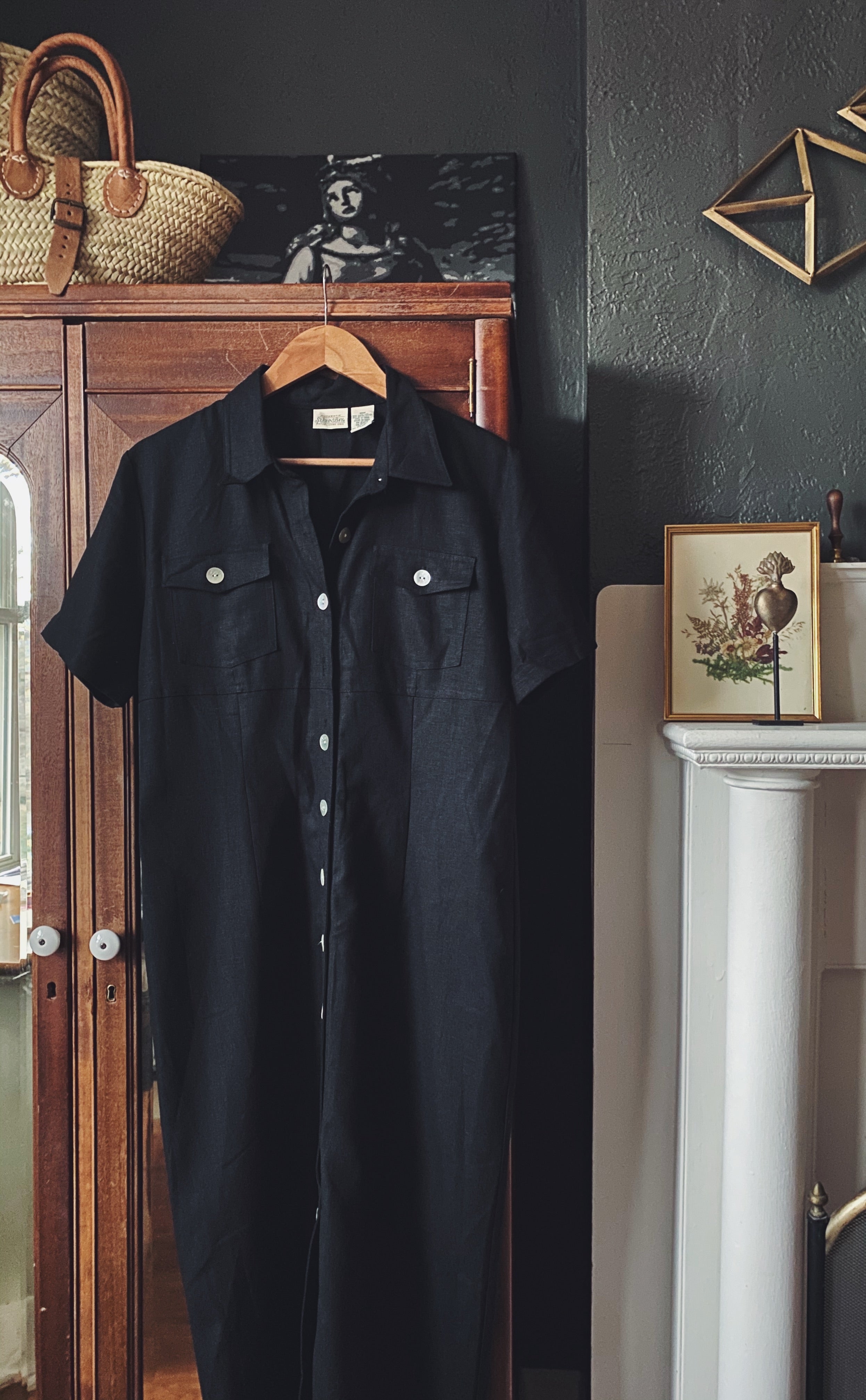 90s Black Linen Blend Button-Front Dress