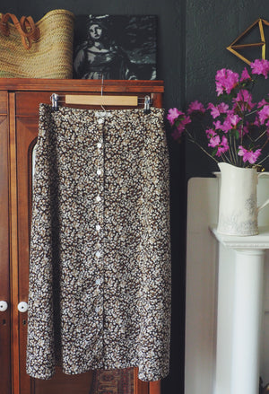 Vintage Brown Floral Button-Front Midi Skirt