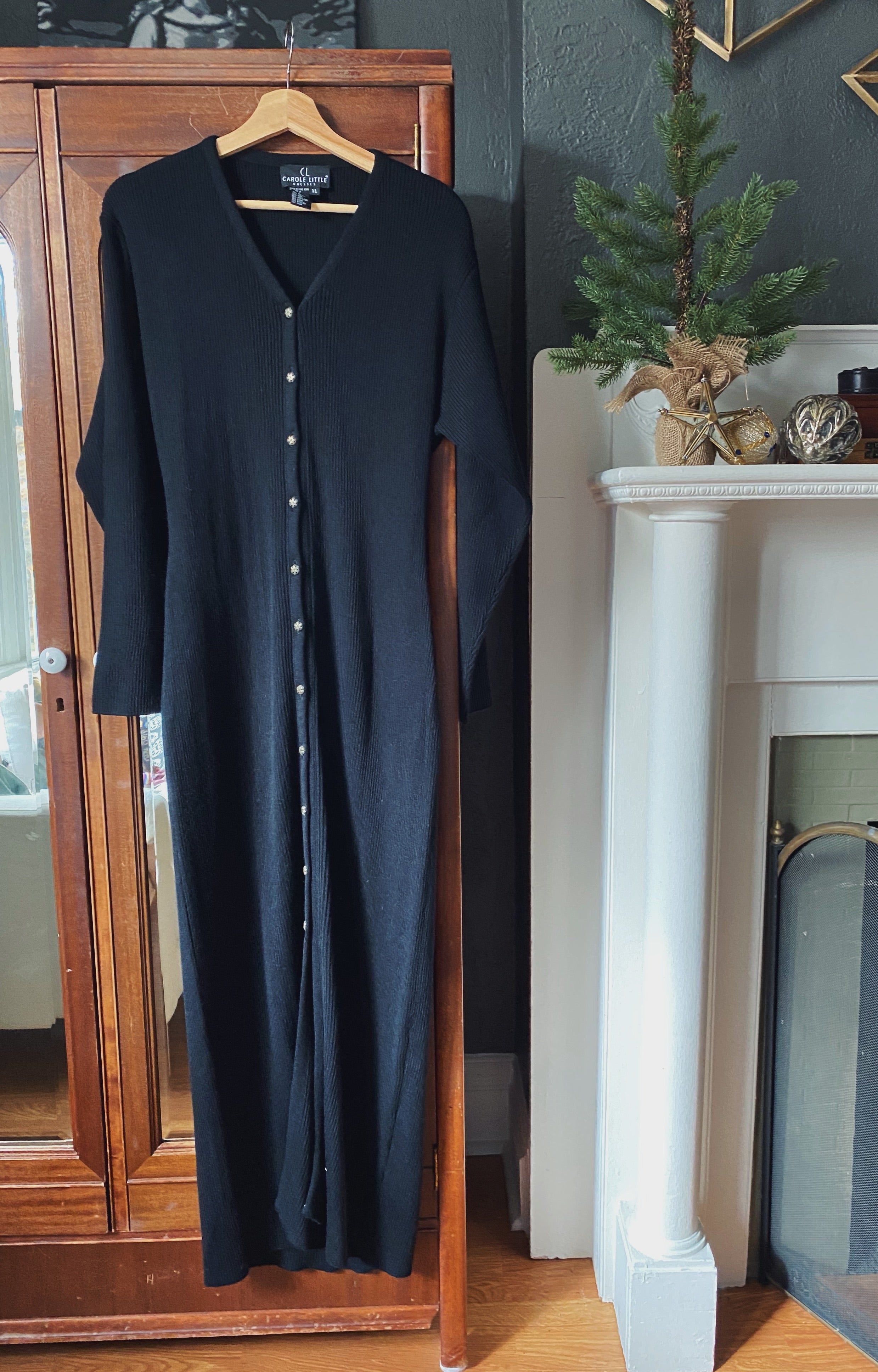 Vintage Long-Sleeve Button Front Sweater Maxi Dress