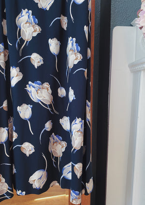 90s Navy Tulip Print Midi Skirt