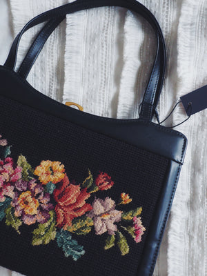 Vintage Black Floral Needlepoint Handbag