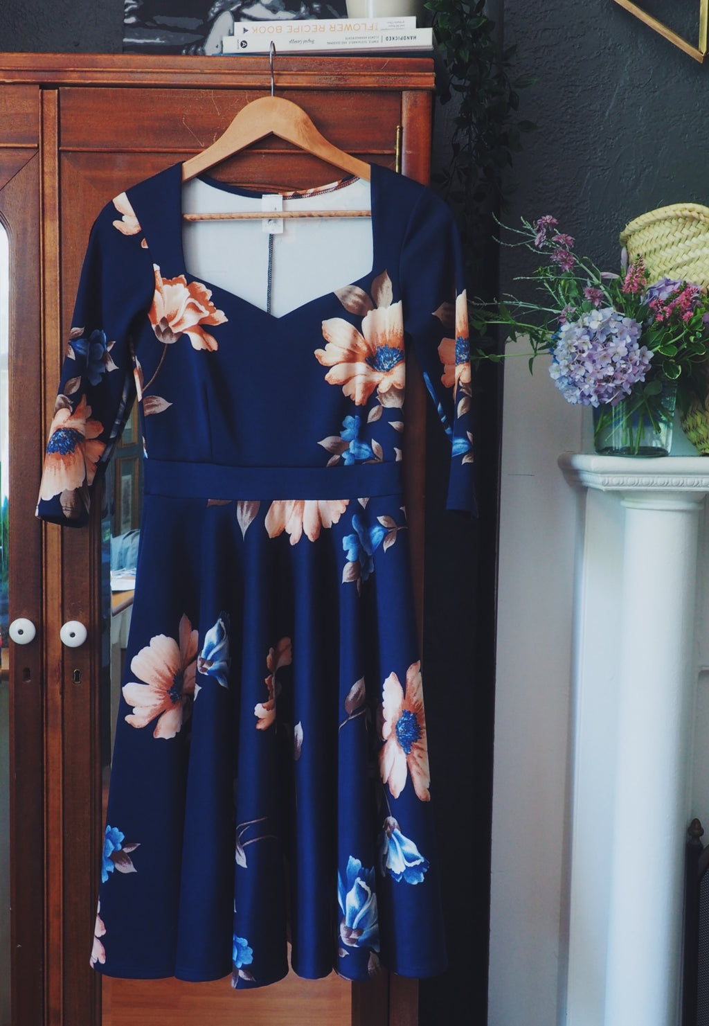 Navy Floral Sweetheart Neck A-line Dress