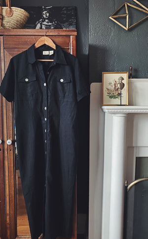 90s Black Linen Blend Button-Front Dress