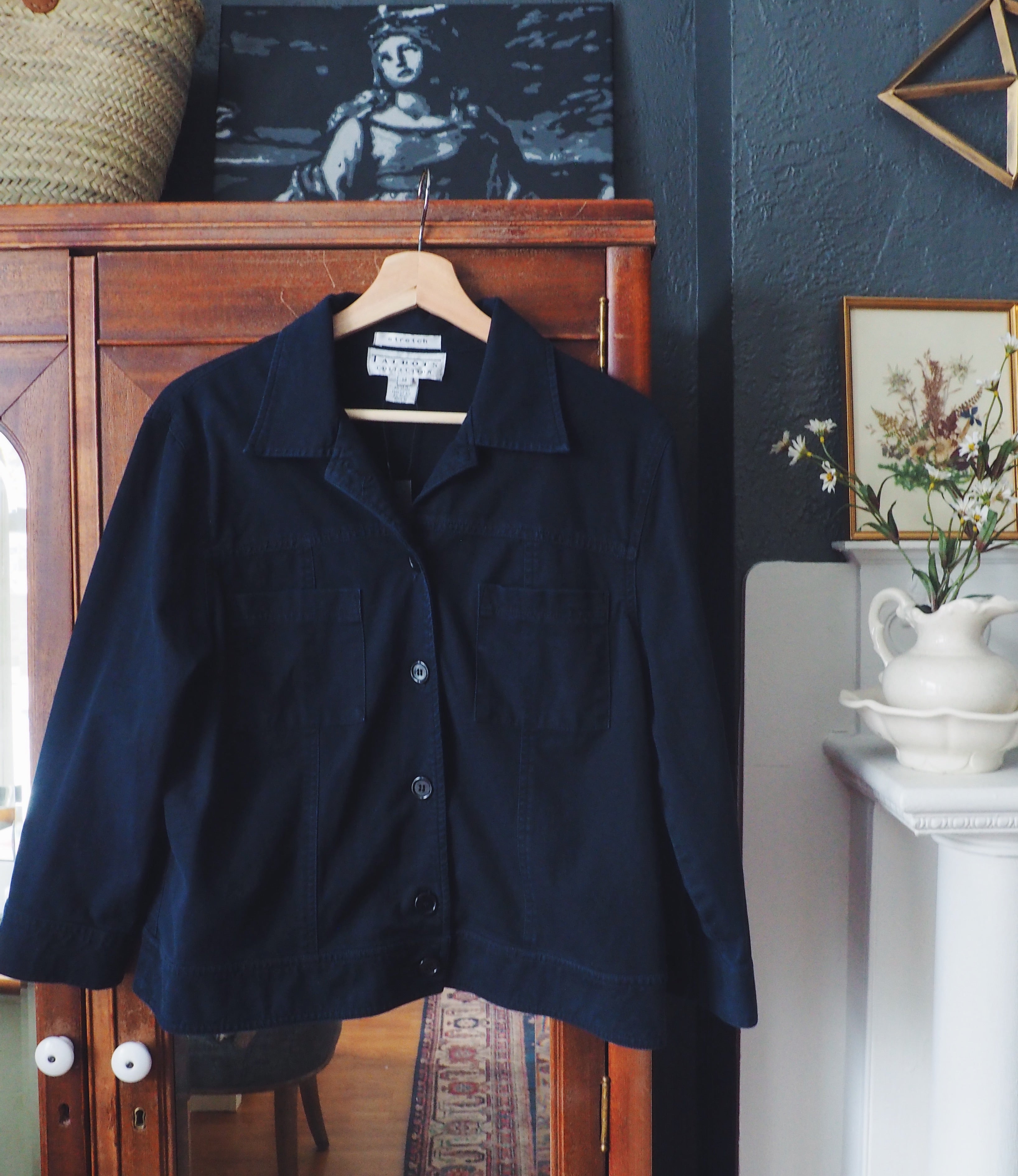 90s Navy Boxy Long-Sleeve Button Down Blouse