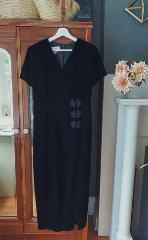 90s Black Velvet Midi Dress with Slit