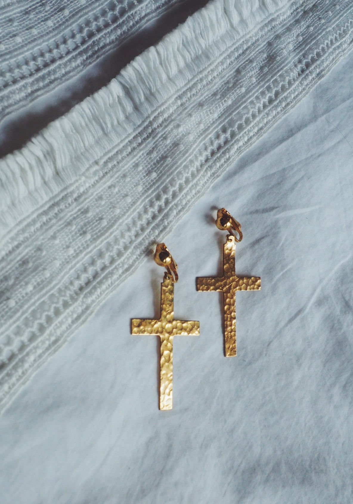 Vintage Hammered Brass Cross Clip-Ons