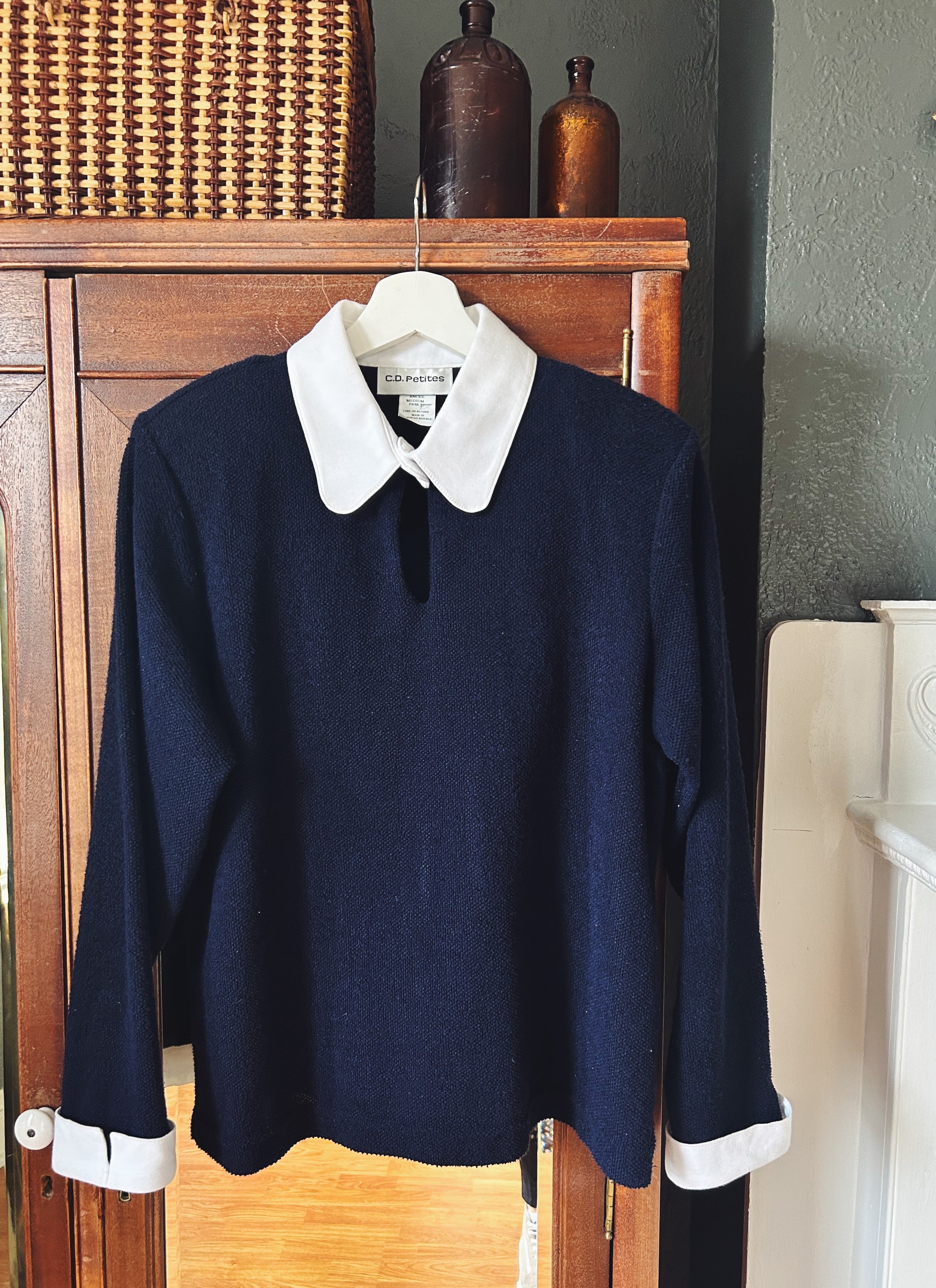 Navy Sweater with Statement Collar and Cuffs