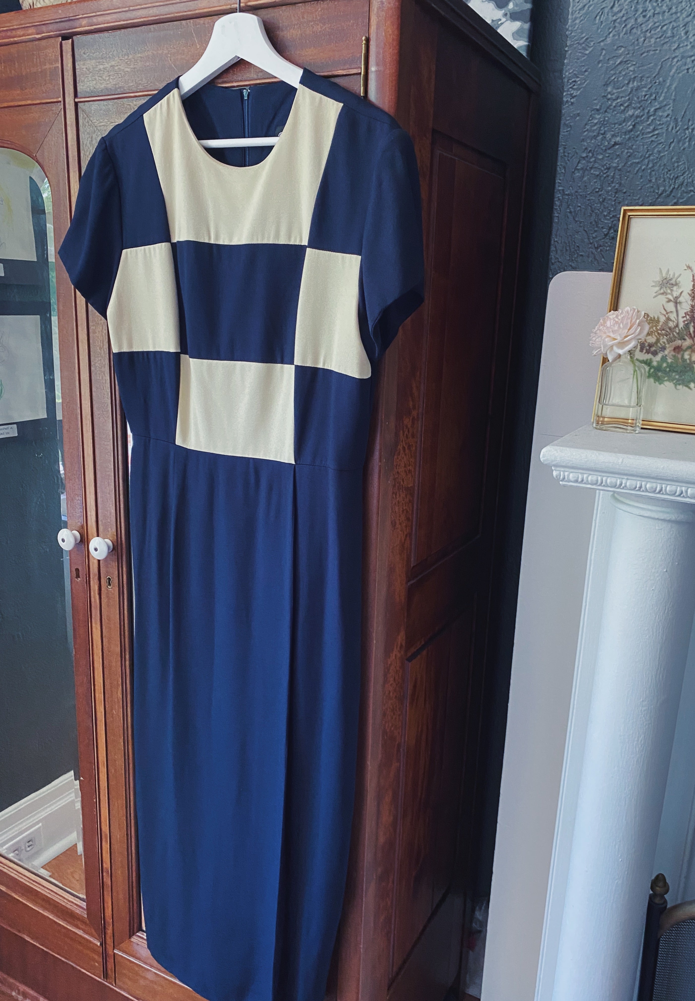 Vintage Navy and Cream Checked Pencil Dress