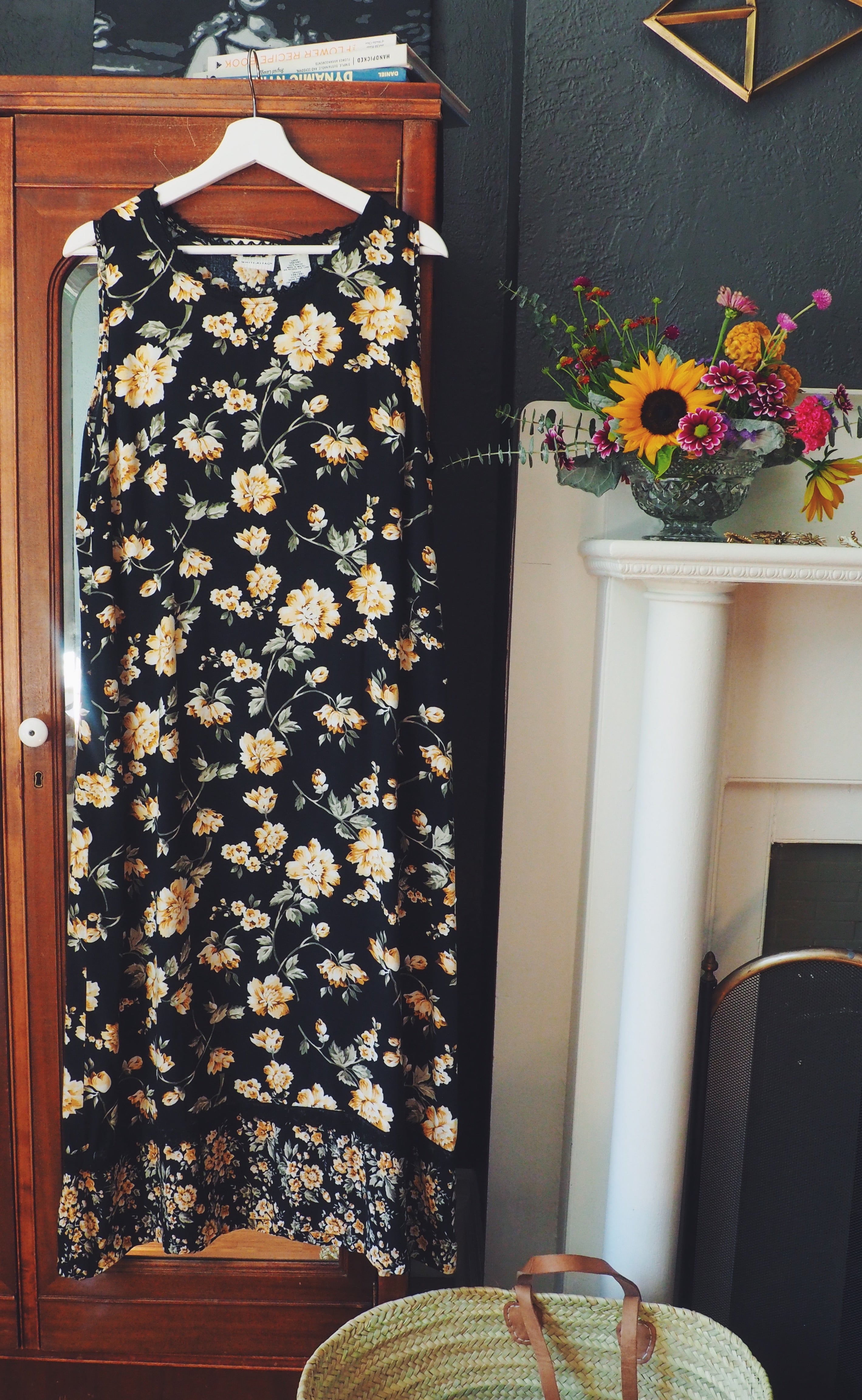 90s Black Floral Sleeveless Maxi Dress