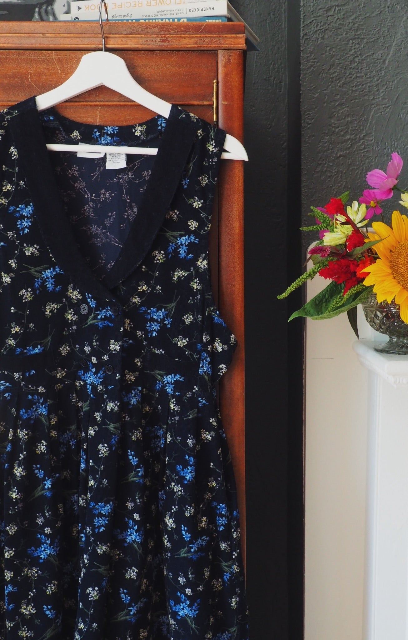 Vintage Floral Corduroy Midi Dress