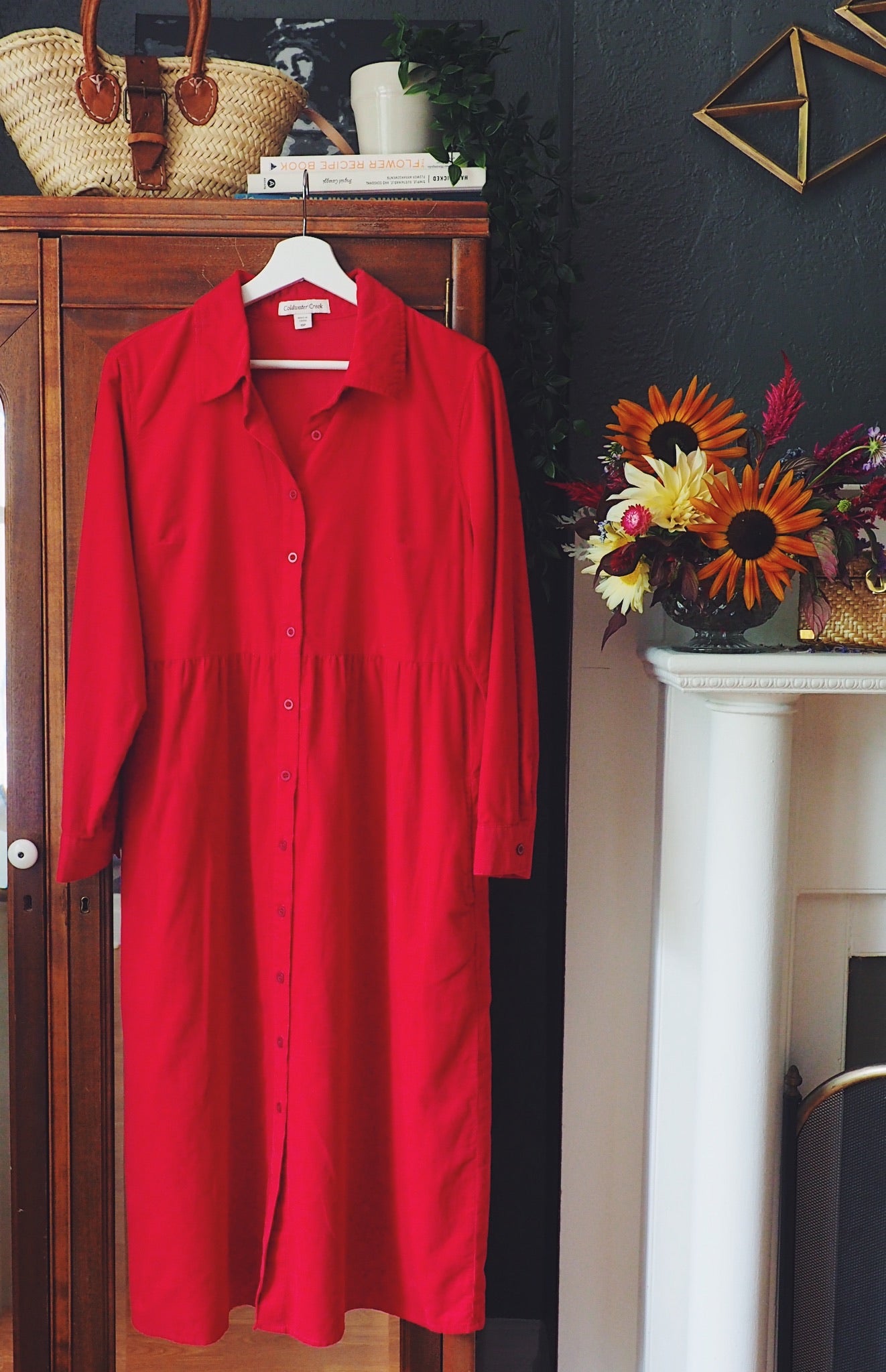 Red Corduroy Button-Front Shirt-Dress