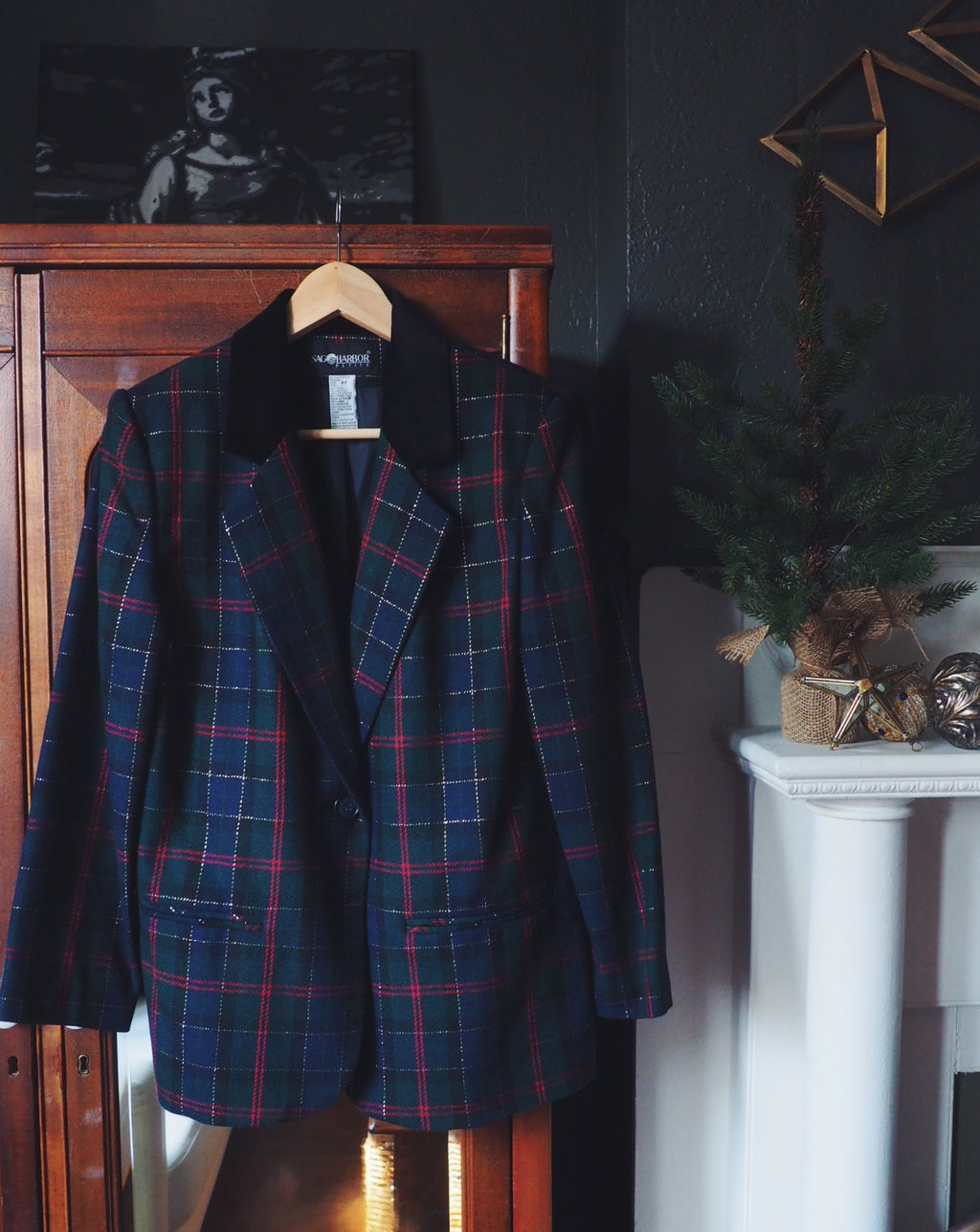 Vintage Plaid and Gold Blazer with Velvet Collar