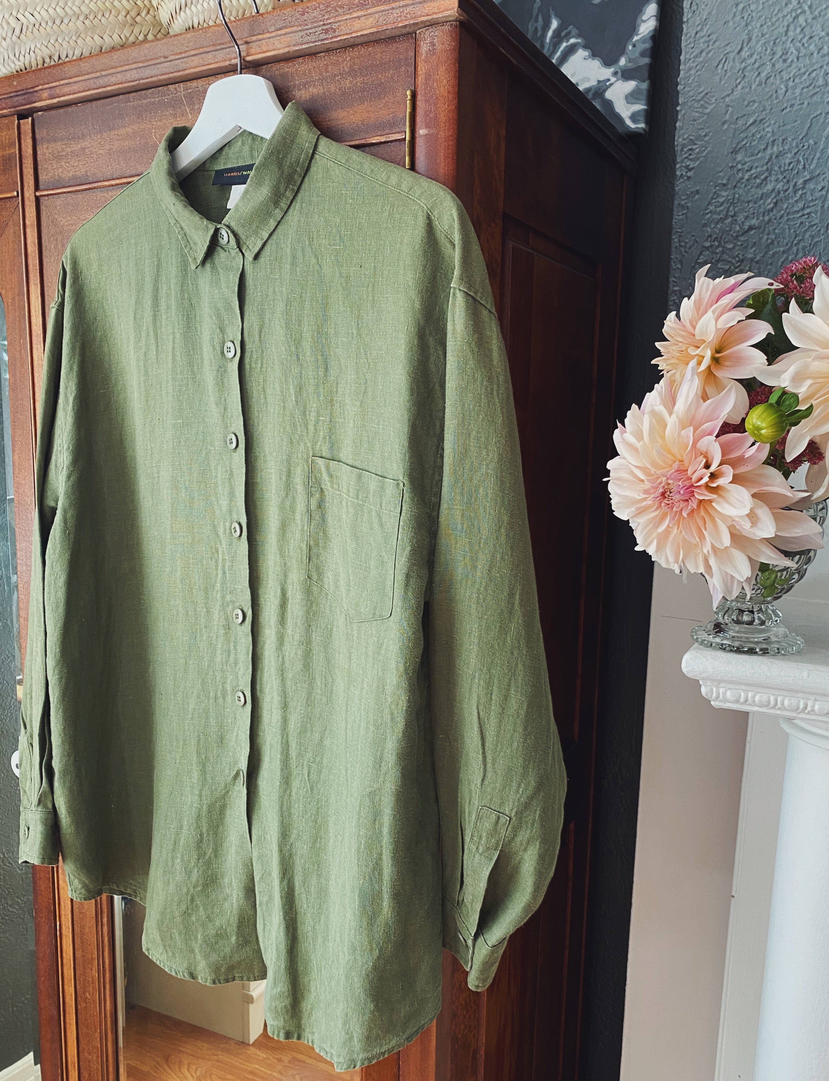 100% Linen Olive Green Button-Down Blouse