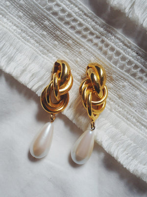 80s Brass & Pearl Drop Earrings