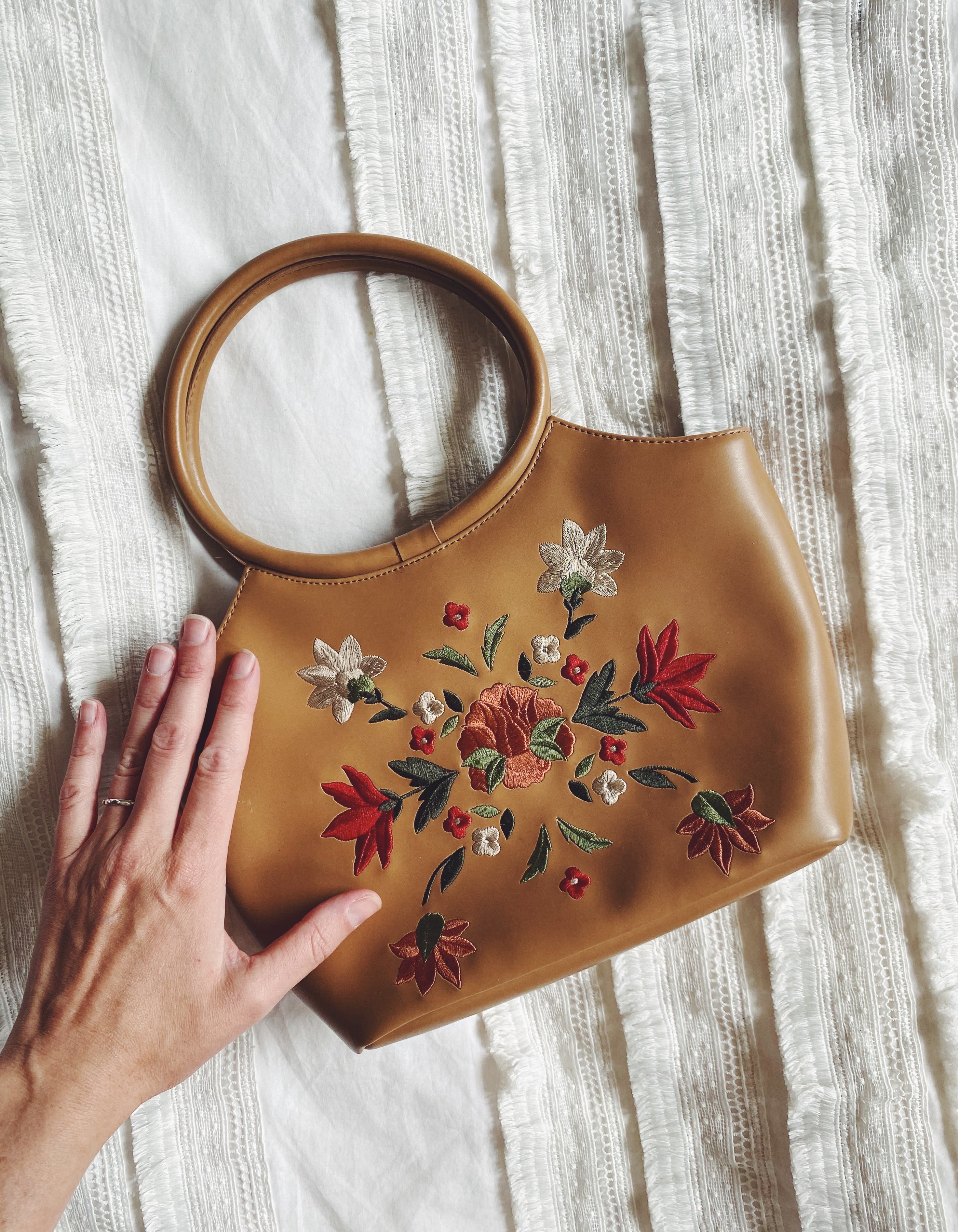 Floral Embroidered Faux Leather Handbag