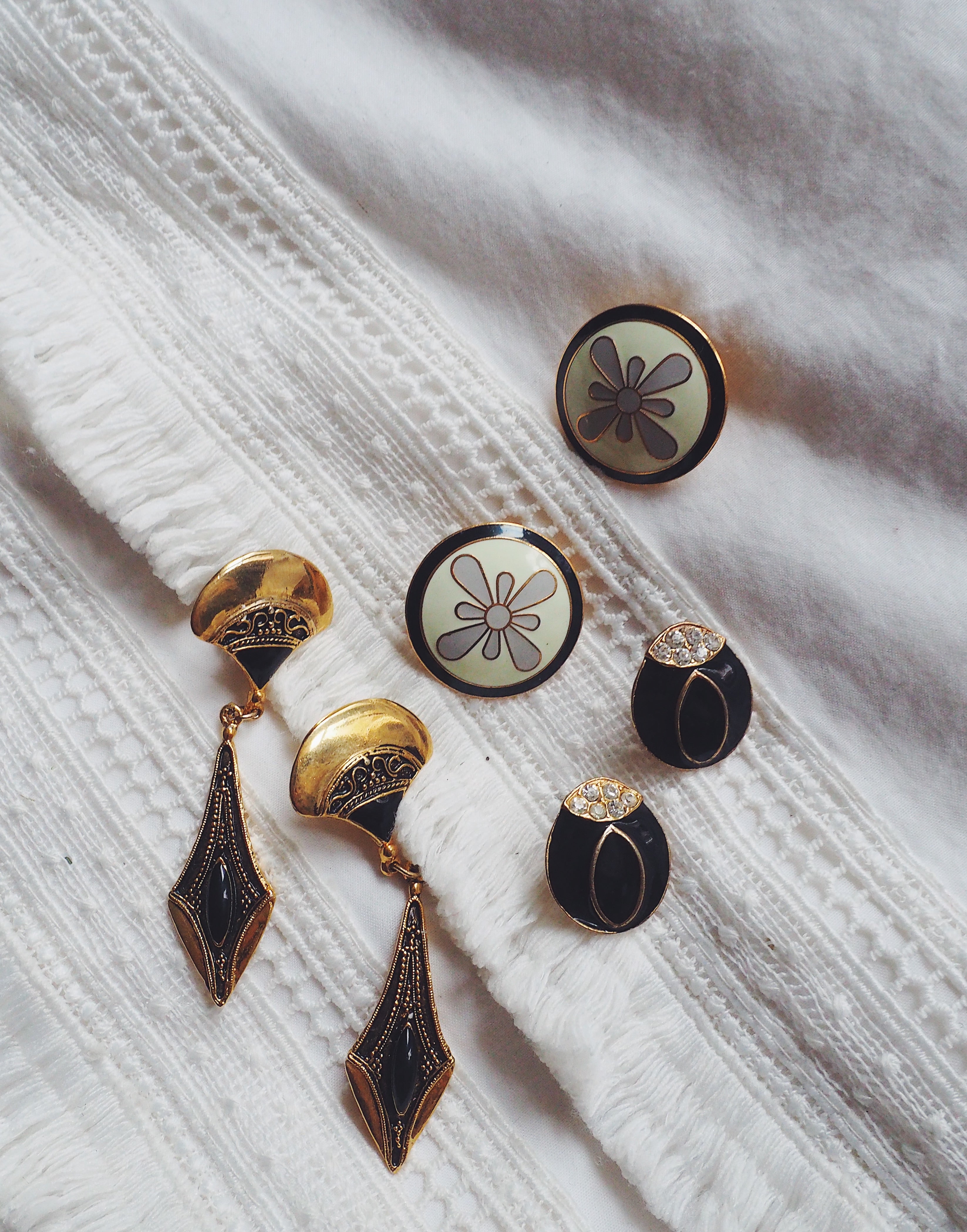 Vintage Brass & Black Bead Drop Earrings