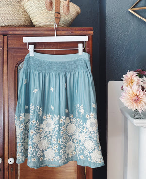 Sea Blue Silk Blend Embroidered A-line Skirt