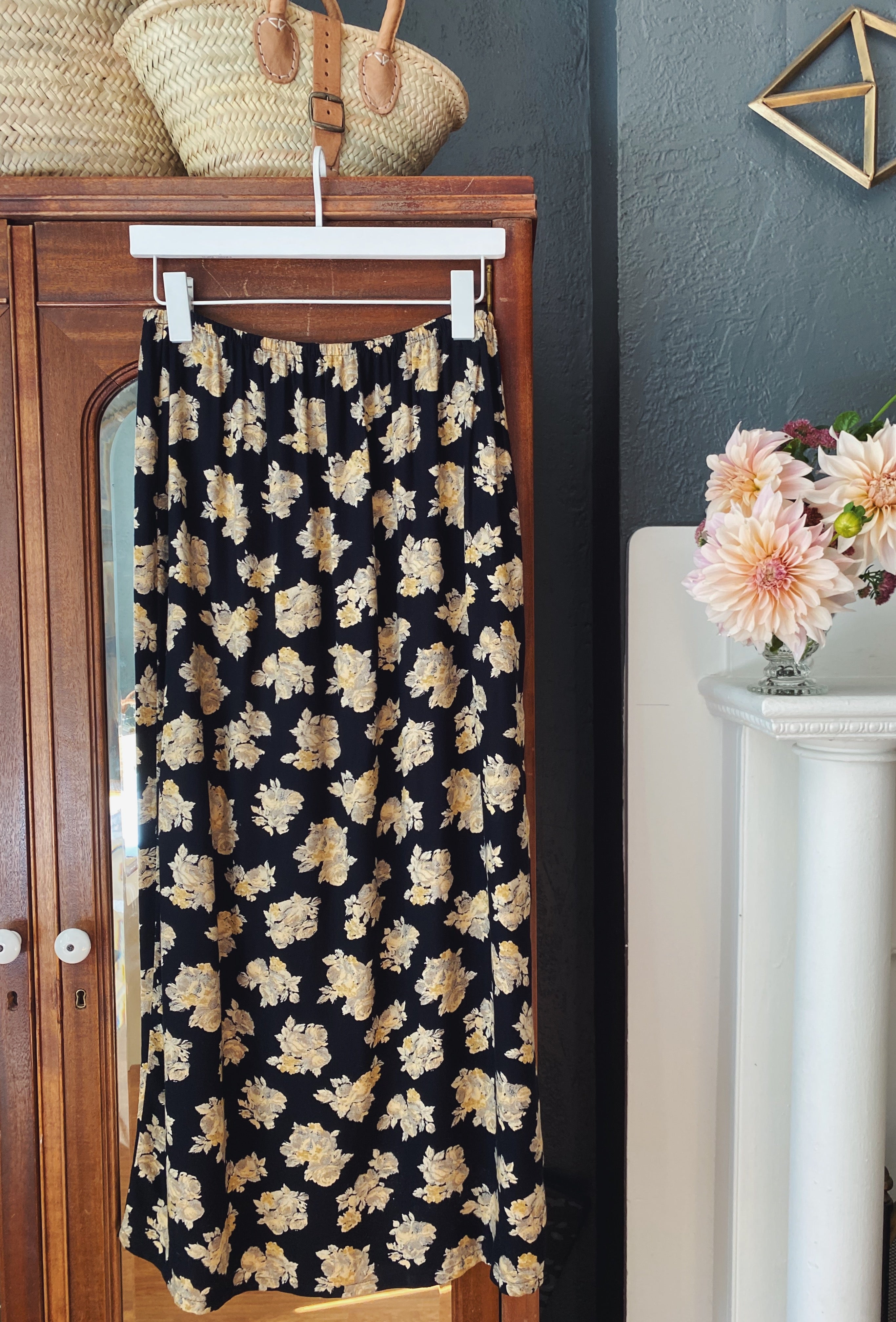 90s Black and Gold Floral Column Midi Skirt