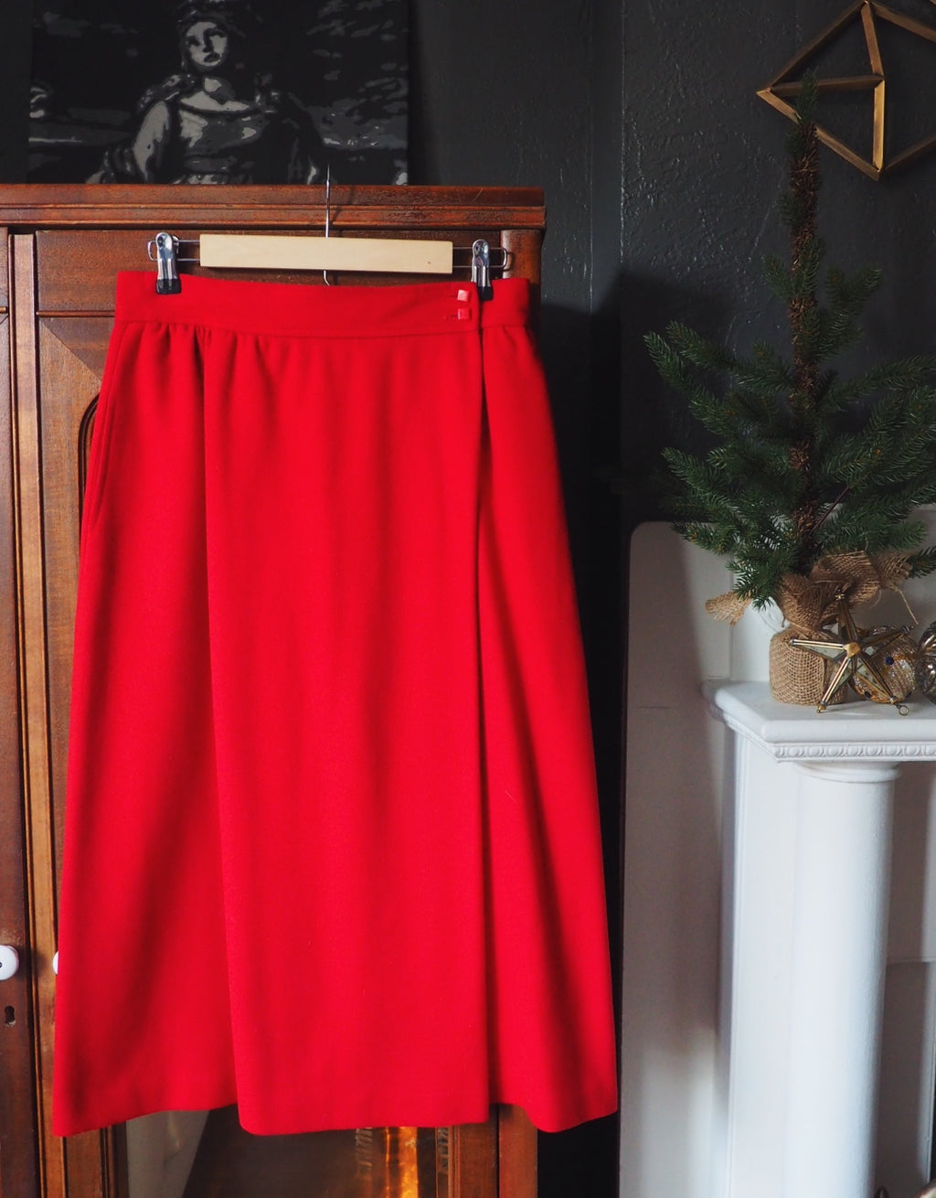 Vintage Cherry Red Wool Midi Skirt