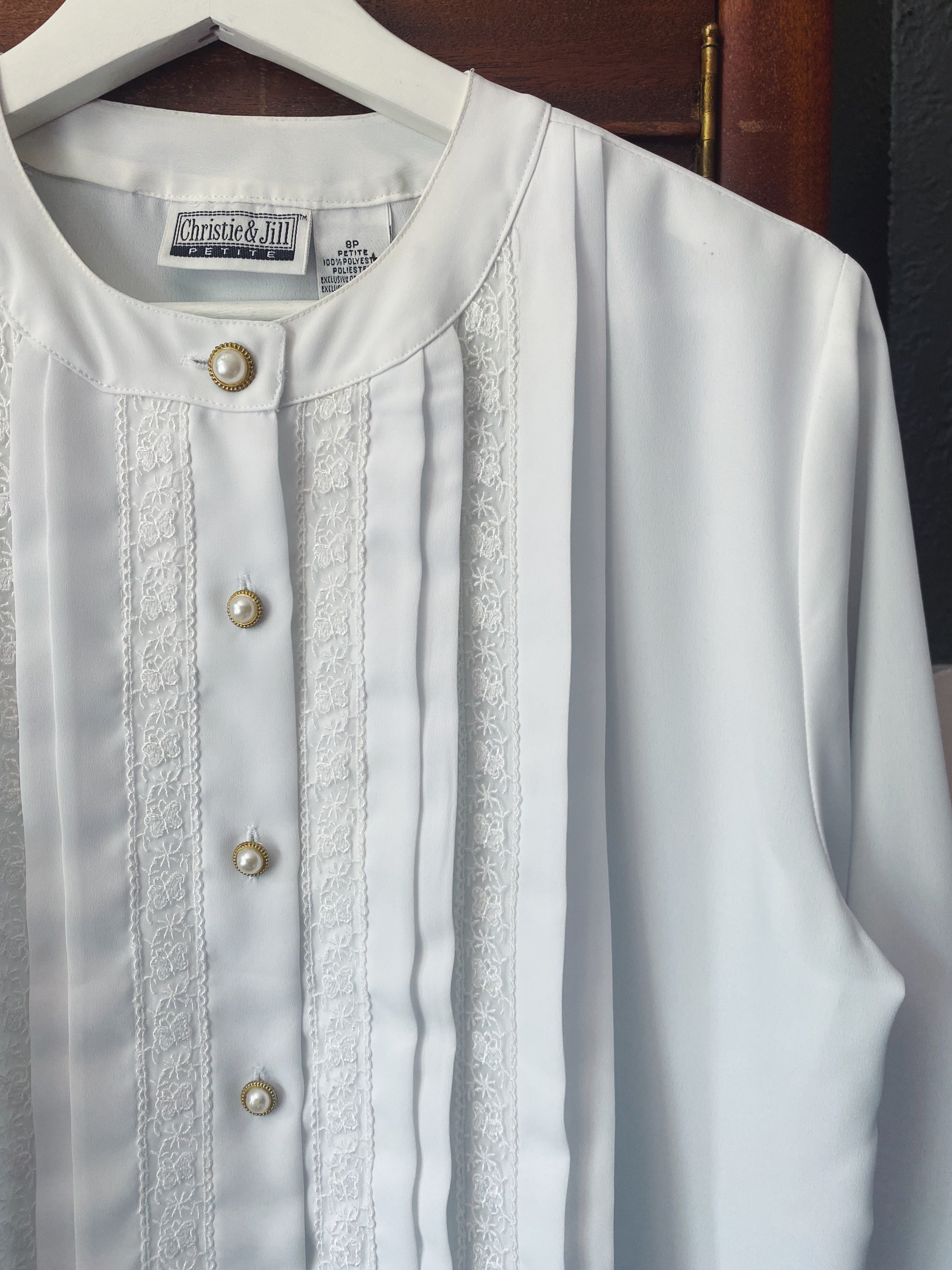Vintage White Tuxedo Lace Long-Sleeve Blouse