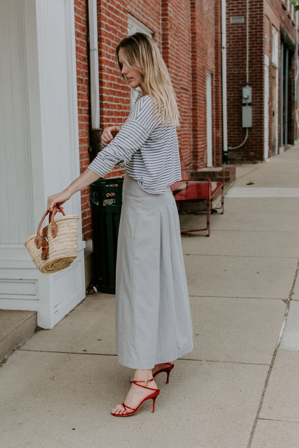 Vintage Grey Khaki A-Line Midi Skirt