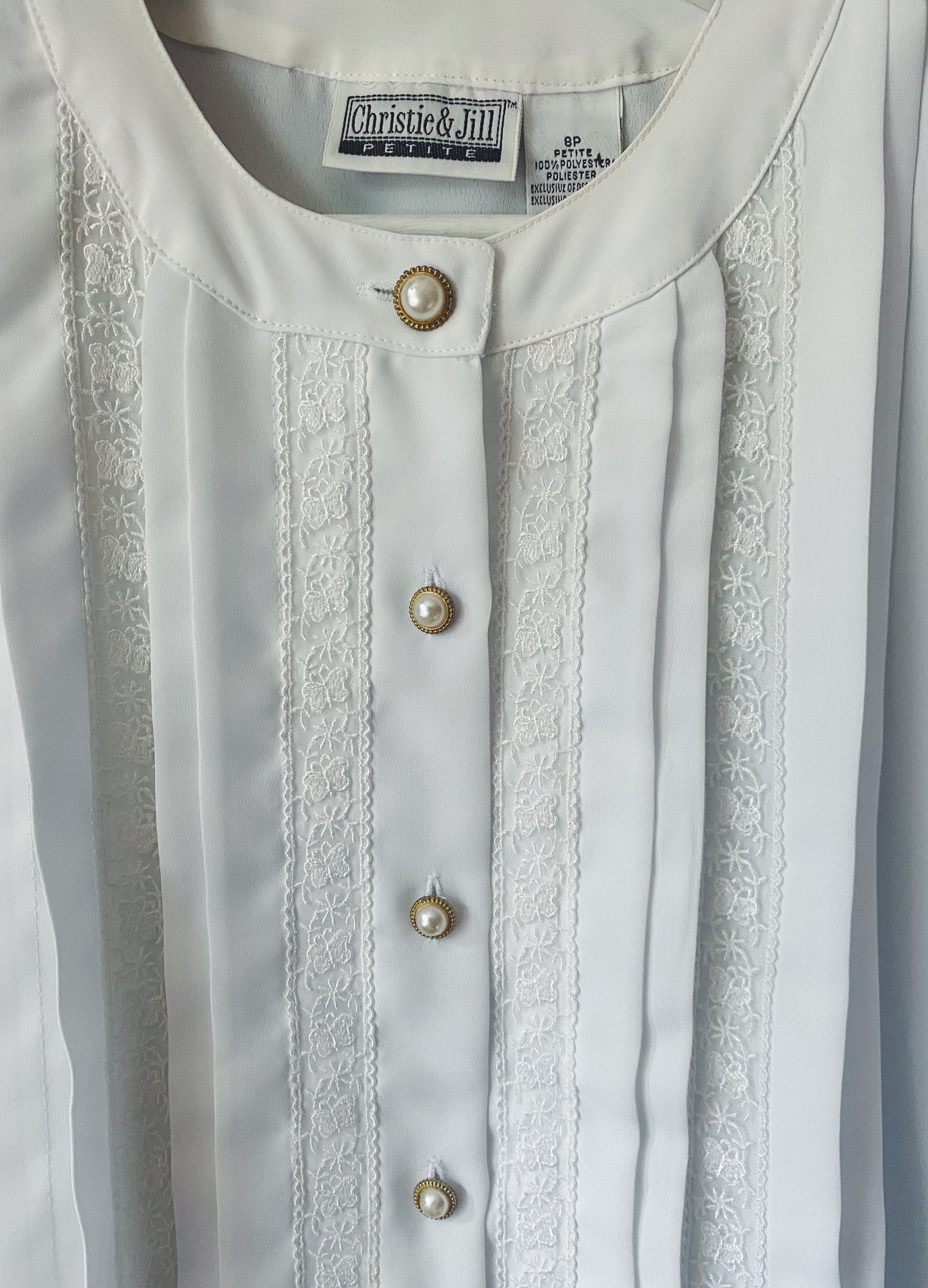 Vintage White Tuxedo Lace Long-Sleeve Blouse