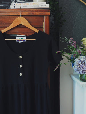 Vintage Black Cotton Empire Waist Midi Dress