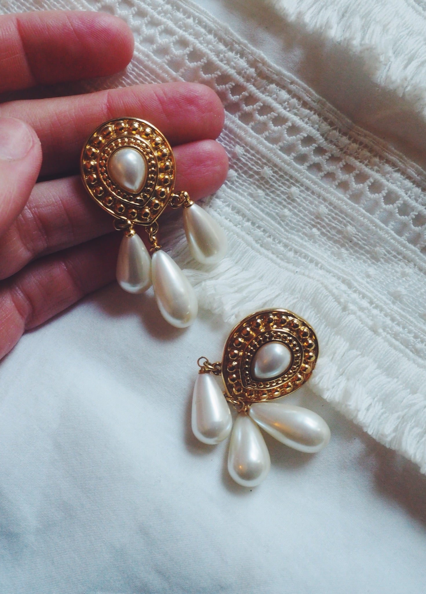 Vintage Triple Pearl Drop Earrings