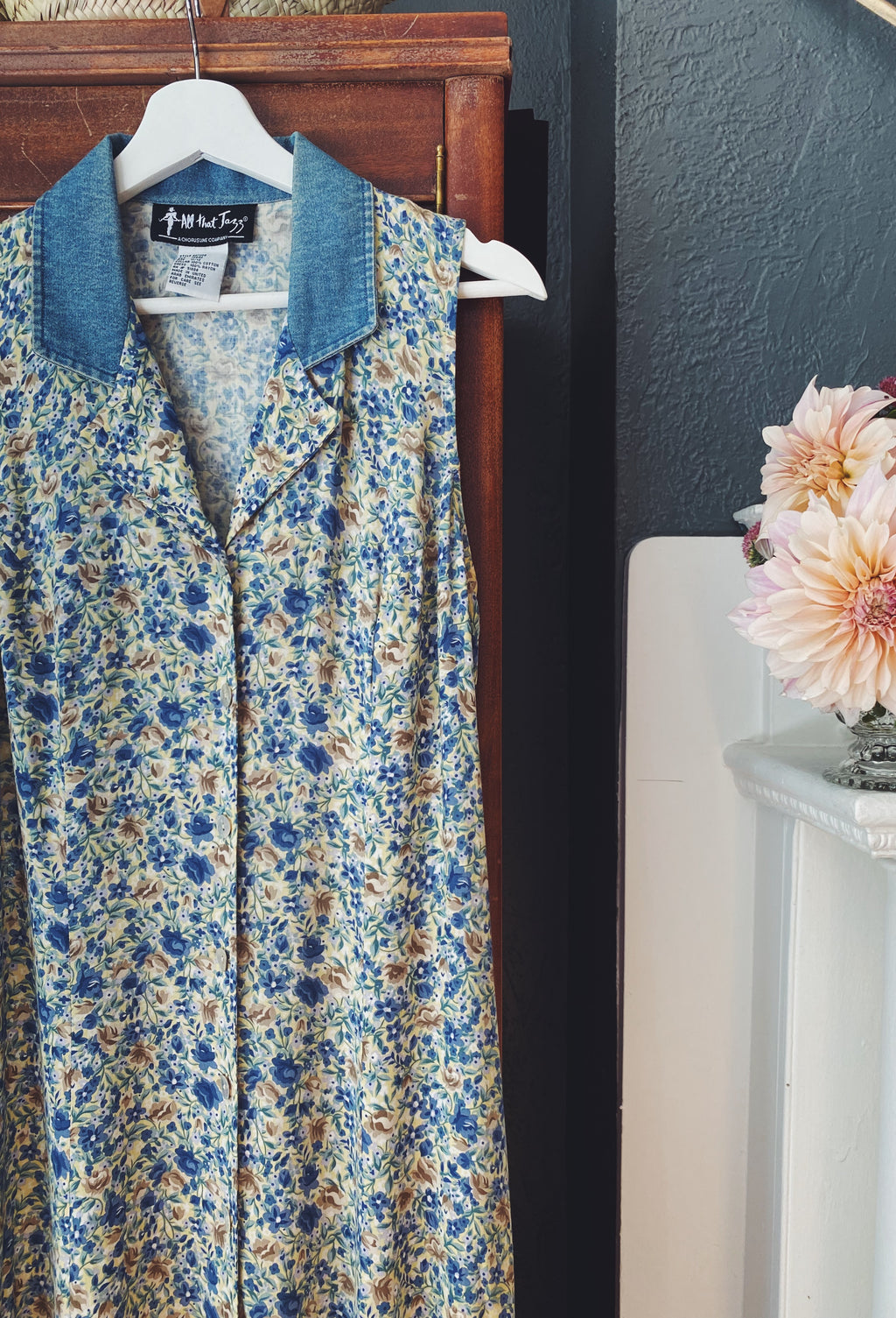 90s Denim Collar Floral Button-Front Dress