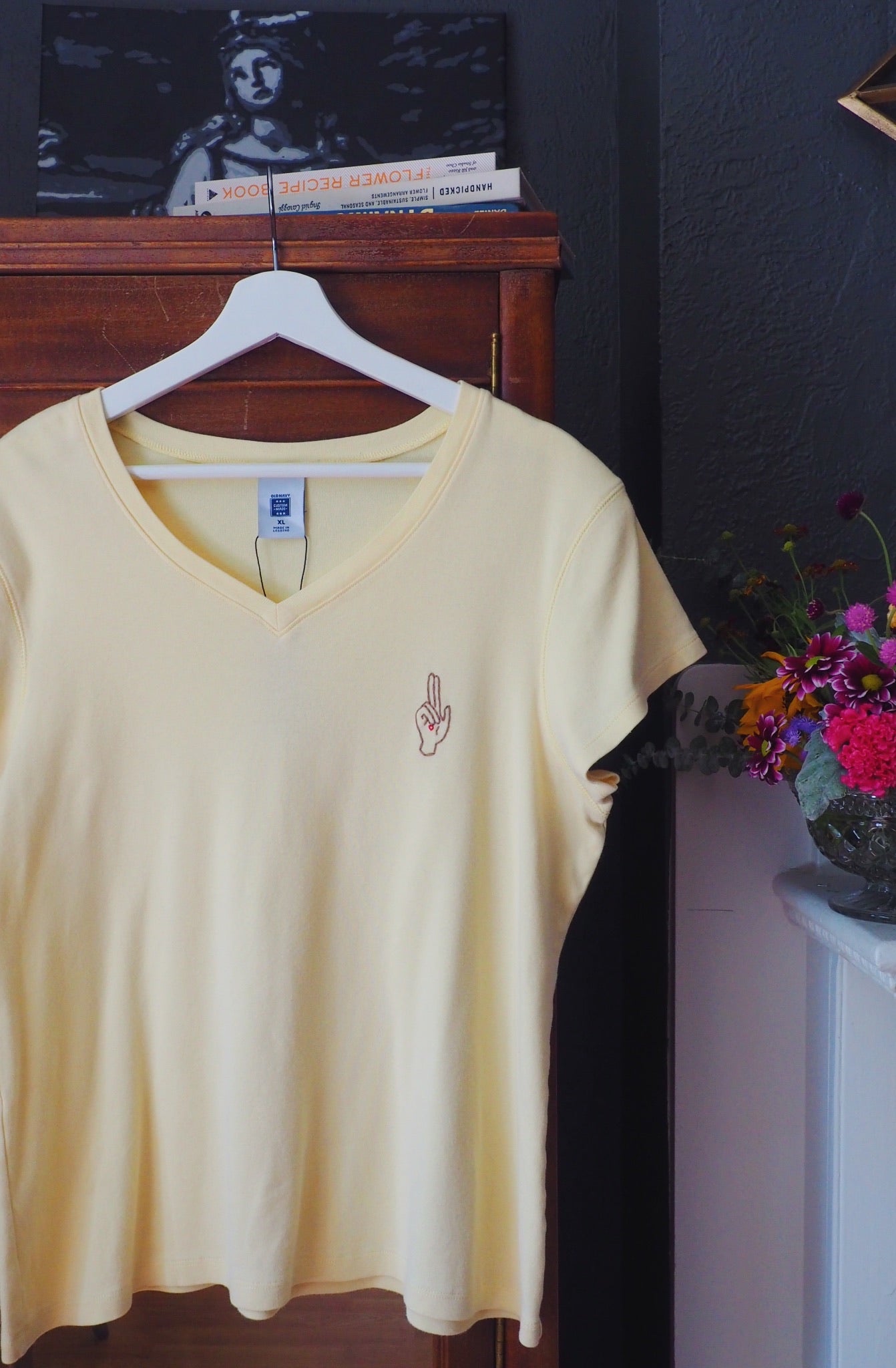 Thrifted & Threaded Wounded Healer V-Neck T in Yellow